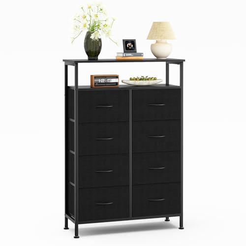 DUMOS Fabric Dresser for Bedroom with 8 Drawers, Tall 8-Drawer Chest of Drawers with Raised Shelf, Storage Tower with Fabric Bins for Closet Organization, Hallway Storage, Ink - color: Ink, size: 31.5"D x 45.9"W x 11.8"H (8 Drawers)