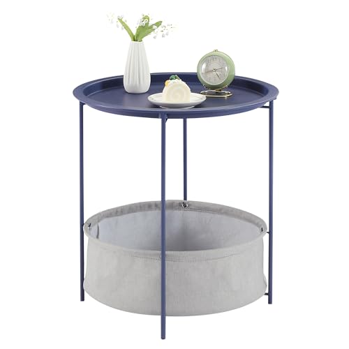 VECELO Round Side/End Table with Fabric Storage Basket，Metal Anti-Rust and Waterproof Small Bedside Nightstand with Removable Tray Top for Living Room，Balcony & Laundry，Blue /1pcs with Basket - color: Blue, size: 1 PCS with Basket