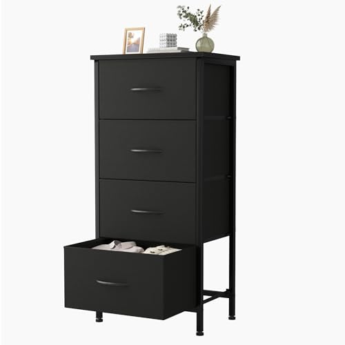 Sweetcrispy 4 Fabric Drawer Small Dresser, Bedside Nightstand with Wooden Top Sturdy Frame, Entryway Closet Bedroom Storage Cabinet Furniture for Dorm,Black - color: Black, size: 11.8"D x 17.7"W x 37.5"H (4 Drawers)