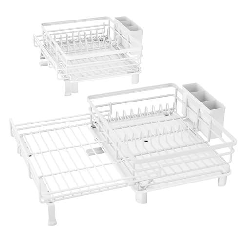 SNTD Dish Drying Rack - Extendable Dish Rack, Large Sink Drying Dish Drainer for Kitchen Counter, Stainless Steel Dish Strainer with Utensil Holder (White) - color: White