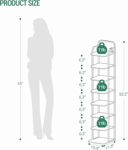 Hzuaneri 8 Tiers Vertical Shoe Rack, Narrow Shoe Tower, Tall Shoes Shelf with 2 Hooks, Adjustable Shelves, Corner Shoes Shelves for Small Spaces, Entryway, Living Room, Rustic Brown SR04301B - color: Rustic Brown and Black, size: 8 Tier(11.8"D x 10.4"W x