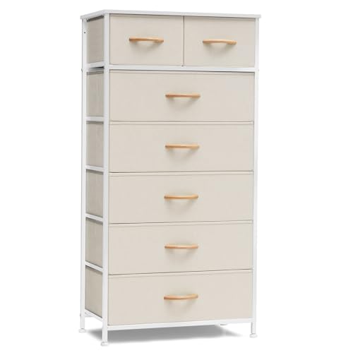 Crestlive Products Vertical Dresser Storage Tower - Sturdy Steel Frame, Wood Top, Easy Pull Fabric Bins, Wood Handles - Organizer Unit for Bedroom, Hallway, Entryway, Closets - 7 Drawers (Beige) - color: Beige, style: 7 Drawers