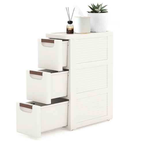3 Drawers Narrow Storage Cabinet, Slim Bathroom Storage Cabinet, Plastic Rolling Cart Organizer for Small Spaces, Laundry, Office, Home, White - size: 3 Drawer