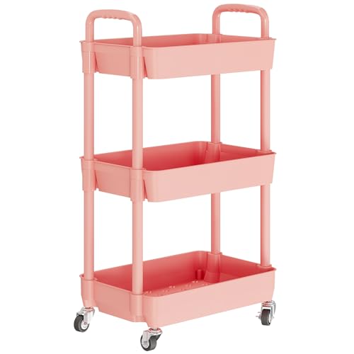 Laiensia 3-Tier Rolling Cart with Wheels,Multifunction Utility Storage Carts, Kitchen Storage Organizer,Mobile Shelving Unit for Bathroom,Laundry,with Classified Stickers,Pink - color: Pink, size: 3-Tier