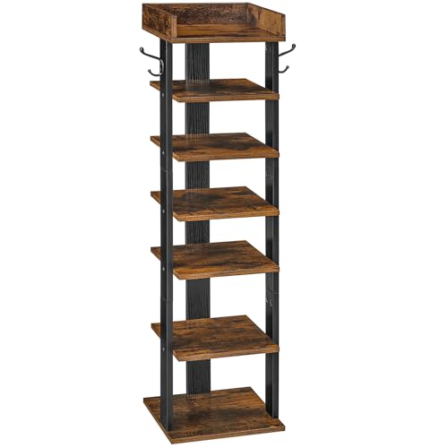 HOOBRO Vertical Shoe Rack for Front Door Entryway, 7 Tier Wooden Shoe Storage Organizer with Hooks, Narrow Shoe Tower for 7 Pairs, Space Saving, for Corner, Closet, Bedroom, Rustic Brown BF61XJ01 - color: Rustic Brown