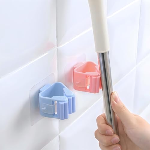 2Pcs Broom Holder Mop Hanger Wall Mount Hook Plastic Easy Install No-Drill Strong Adhesive Organizer - color: Pink, size: 2 Pcs