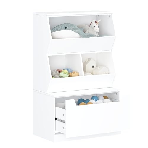UTEX Kids Toy Storage Organizer, Bookshelf for Kids and Bookcase with Drawer, Children Open Storage Cubby for Playroom Nursery White