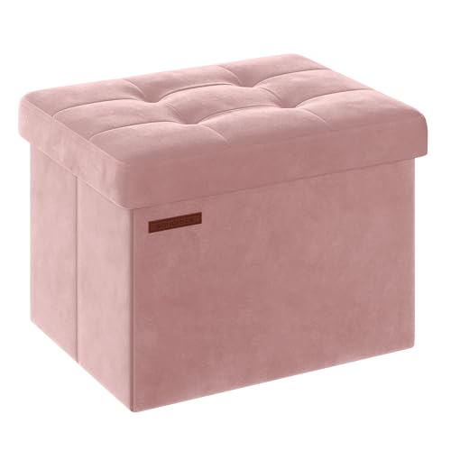 SONGMICS Storage Ottoman, Foldable Small Ottoman Foot Rest, 12.2 x 16.1 Inches Foot Stool, Load up to 286 lb, for Living Room, Bedroom, Dorm, Jelly Pink ULSF200R01 - color: Jelly Pink, style: Velvet