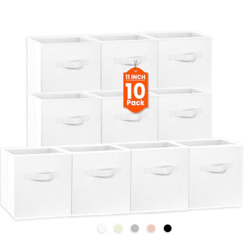 Criusia Storage Cubes, 11 Inch Cube Storage Bins for Shelves Closet Nursery Bedroom - 10 Pack Collapsible Baskets with Handles - Fabric Bins for Organizing Clothes Blanket Toys (White) - color: White, size: 10 Pack - 11 inches