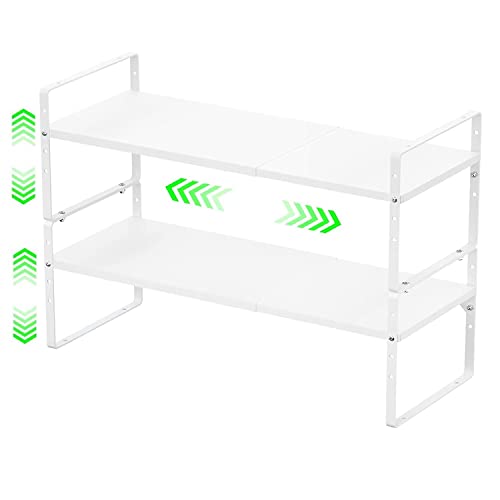 Expandable Kitchen Cabinet Storage Shelf, Stackable Metal Pantry Storage Shelves Organizer, Adjustable Height Counter Spice Rack for Kitchen Cabinet, Countertop, Pantry and Office - color: White-2pack, size: Large - L16.5-27'' * W10.2'' * H9.6''