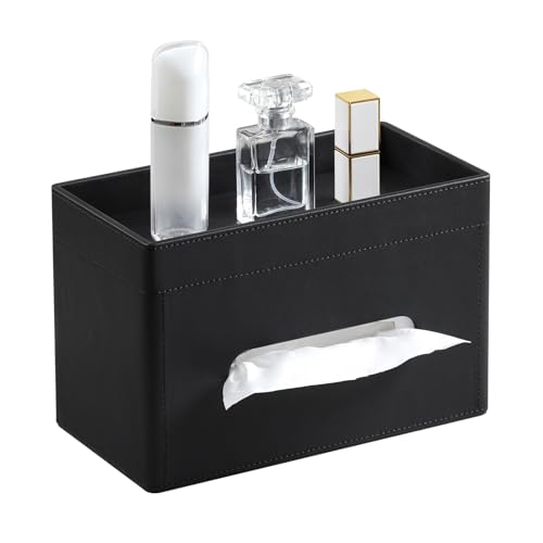 Plus Size Tissue Box Cover Rectangle, PU Leather Tissue Box Holder with Storage Tray, Decorative Organizer Tissue Holder for Bathroom, Bedroom Dresser, Night Stand, Office (Black) - color: Black