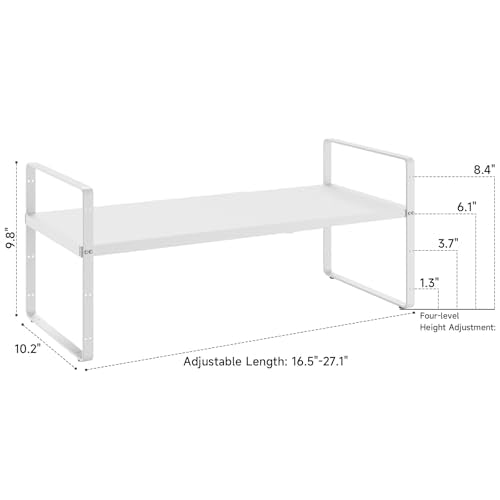 16.5~27.1" Expandable Shelf Organizer, 2Pack 10.2" Wide Stackable Cabinet Shelf Organizers, White Metal Sturdy Kitchen Counter Storage for Countertop, Adjustable Height Spice Rack - color: White, size: 2Pack-10.2''W-Holeless