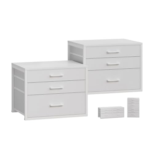 Closet Drawers Set of 2, White Closet Organizer with 3 Fabric Drawers, Stackable Storage Drawers for Closet, Bedroom, Dorm (White)