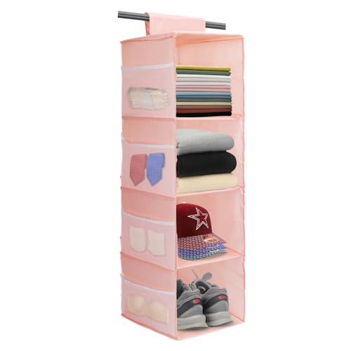 PetsHome 4-Shelf Hanging Closet Organizer, Space Saver, Closet Hanging Storage Shelves with Mesh Pockets & Magic Tap for Storage, Foldable-Pink - color: Pink, size: 4 Shelf