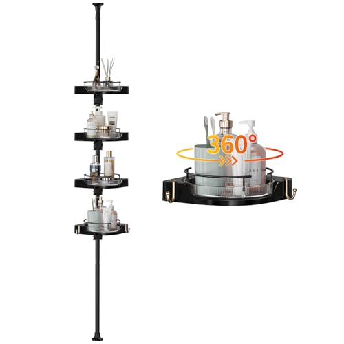 akinbas Shower Caddy Tension Pole with 4 Lazy Susan Organizer 360 Rotating 35-128 Inch No Drilling Floor Standing Shelves Adjustable Shower Rack for Bathroom Corner (Black) - color: Black, size: 4 Tier-Rotation