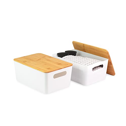 Isaac Jacobs 2-Pack Medium White Storage Bin Set w/Cut-Out Handles and Bamboo Lid, Plastic Organizers for Home, Pantry, Kitchen, Closet, Office, Home Décor, BPA Free, Food Safe (Medium, White) - color: White, size: Medium