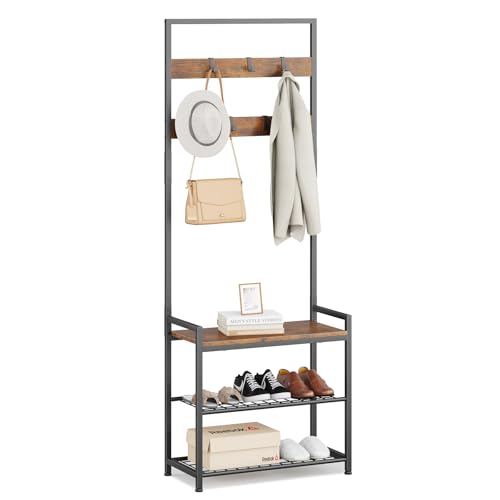 Hall Tree with Shoe Storage Bench - Entryway Bench with Coat Rack and Hooks - 3-in-1 Small Hall Tree for Entry Way, Entrance, Hallway, Doorway, Front Door, Mudroom, Small Space - Rustic Brown - color: Rustic Brown 1