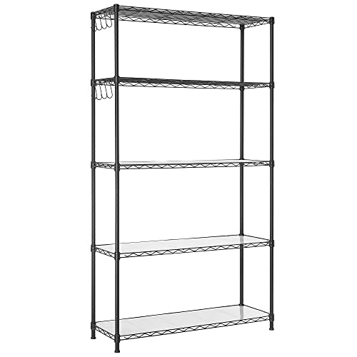 SONGMICS 5-Tier Storage Shelves, Wire Shelving Unit, Kitchen Metal Shelves, Storage Rack with Adjustable Shelves, Shelf Liners, 8 Hooks, for Garage, 11.8 x 35.4 x 63 Inches, Black ULGR095B01 - color: Ink Black, size: 5 Tiers (11.8"D x 35.4"W), style: With