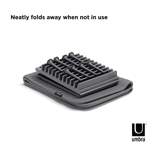 Umbra Udry Dish Rack with Movable Pegs and Microfiber Drying Mat – Space-Saving Design Folds Up for Easy Storage, Basic Rack, Dark Grey - color: Gray, style: Rack with Pegs