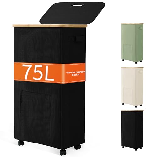 Laundry Basket with Wheels, Dirty Clothes Hamper on Wheels, Rolling Tall Laundry Hamper with lid for Laundry Room, Dorm and Bathroom, 75L Black - color: Black, size: 75L
