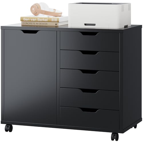 DUMOS 5 Drawer File Cabinet Office Drawers Organizer with Wheels Rolliing, Under Desk Cabinets with Shelves and Door Printer Stand with Wood Board Metal Frame for Home Office Storage Craft Room, Black - color: Black