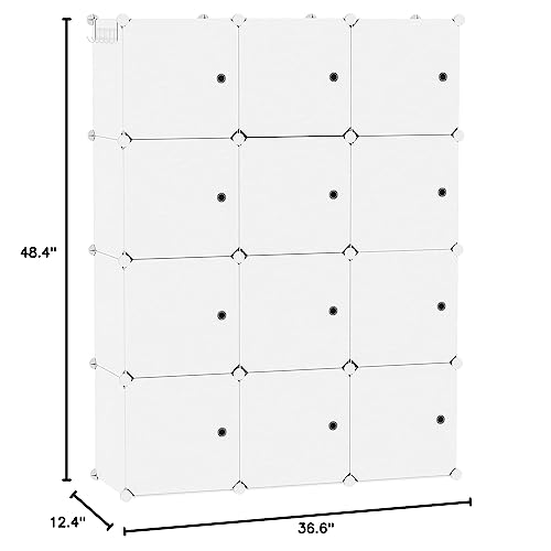 C&AHOME Cube Storage Organizer with Doors, 12-Cube Shelves, Closet Cabinet, DIY Plastic Modular Bookshelf Ideal for Bedroom, Living Room, 36.6”L x 12.4”W x 48.4”H Milky USHS3012M-DOOR - color: Milky