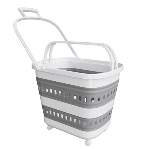 Collapsible Plastic Laundry Basket Hamper with Wheels, 45L Portable Rubber Clothes Basket, Pop Up Storage Container/Organizer with Hanging basket for Washing & Storage, Grey - color: Grey, size: 45L
