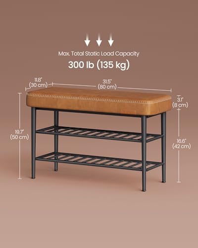 VASAGLE EKHO Collection - Shoe Rack Bench, Storage Bench for Entryway, Synthetic Leather with Stitching, Mid-Century Modern, Loads 300 lb, 11.8 x 31.5 x 19.7 Inches, Caramel Brown ULSB054K01 - color: Caramel Brown, size: 31.5"W