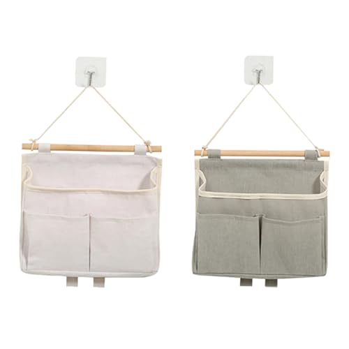 2 Pack Wall Organizer Hanging Basket Wall Storage Bag with Hooks, Linen-Cotton Over The Door Pouch Waterproof Bedside Closet Organizer Bags for Kitchen, Bedroom, Bathroom, Dorm, RV Camper - color: White+grey
