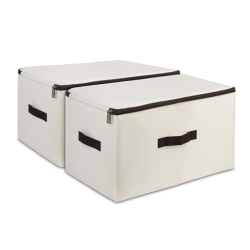 iwill CREATE PRO Folding Lidded Storage Bins with Lockable Zip & Label Pocket & Handles, Compatible for Most Closet Shelves Wardrobe Storage Organizer, Beige,2pcs - color: Butter Yellow,2pcs