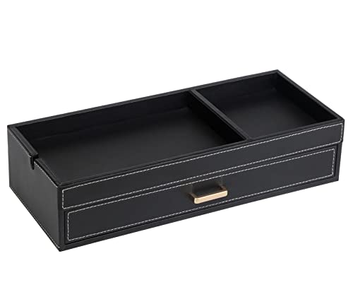 HofferRuffer Valet Jewelry Tray Organizer with Drawer, Faux Leather Storage Catchall Box Phone Charging Station Tray with Dresser Nightstand Desktop Drawer Organizer (Black) - color: Black