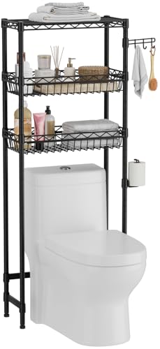 Golpart 3-Tier Over-The-Toilet Storage Shelf,Heavy-Duty Adjustable Bathroom Rack with 2 Mesh Baskets,Toilet Paper Holder & Hooks,Space-Saving Organizer for Bathroom,10”D x 24”W x 66”H,Black - size: Black with Baskets-10"D x 24"W x 66"H