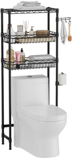 Golpart 3-Tier Over-The-Toilet Storage Shelf,Heavy-Duty Adjustable Bathroom Rack with 2 Mesh Baskets,Toilet Paper Holder & Hooks,Space-Saving Organizer for Bathroom,10”D x 24”W x 66”H,Black - size: Black with Baskets-10"D x 24"W x 66"H