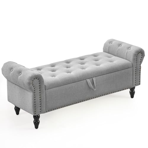 Furnimart Storage Ottoman Bench for Queen Size Bed, Faux Linen Upholstered Storage Bench Accent Bench with Rolled Arms for Bedroom,Living Room, Entryway, 2.5Cubic Feet - color: Faux Linen Light Grey