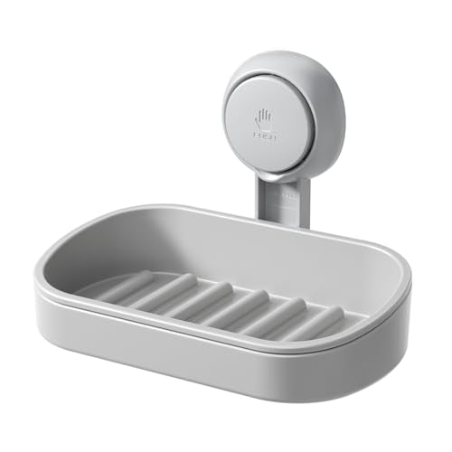 LEVERLOC Soap Dish Holder for Shower Suction Cup Wall Mounted Self Draining NO-Drilling Removable Bar Soap Sponge Holder for Bathroom Bathtub Kitchen Sink Waterproof Strong Vacuum Suction, Grey - style: 1 tier Grey