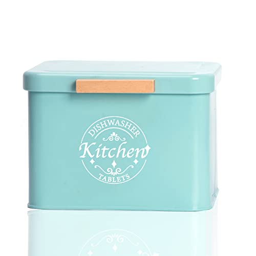 Dishwasher Pod Container with Hinged Lid. Farmhouse Metal Dishwaser Pods Holder for Kitchen Cabinet Organizer. Modern Kitchen Decor and Accessories. Dishwasher Detergent Tablet Storage (Green) - color: Green
