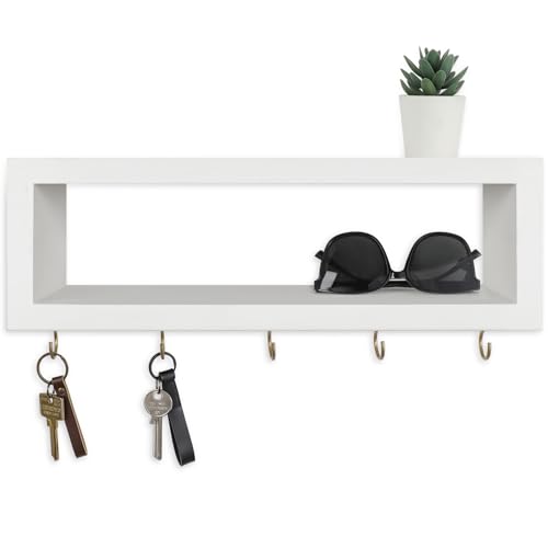 Lwenki Wall Shelf with Hooks - Decorative Key and Wallet Holder for Wall Holds Sunglasses, Leashes, Scarves and Lanyards - 15.7" x 5.1" x 2.9" Entryway Organizer Made of Paulownia Wood (White) - color: White