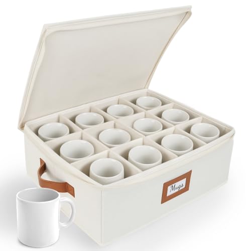 HOMELUX THEORY Coffee Mug Storage with Dividers, Ivory Hard Shell China Storage Containers, Kitchen Storage Bins With Lids, Heavy Duty Moving Box for Packing Glassware, Stemware & Glassware - color: Ivory, size: 8. Mug Storage