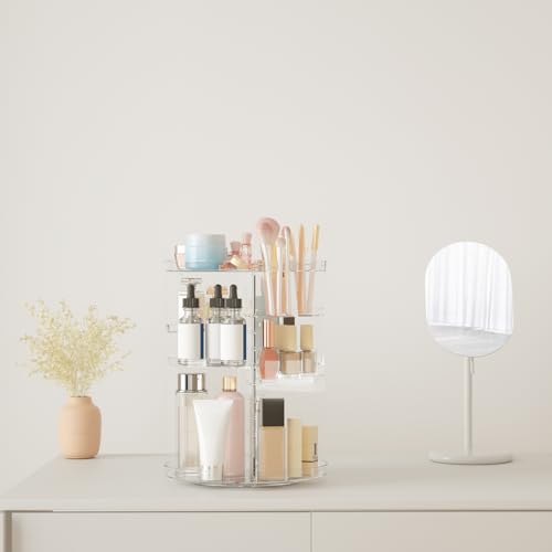 Rotating Makeup Organizer, DIY 8 Adjustable Layers Spinning Skincare Storage, Cosmetic Display Case with Brush Holder and Perfume Tray, Multi-Function Vanity Bathroom Countertop Organizer Clear - color: Clear