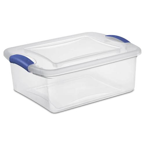 15 Quart Clear Plastic Storage Bins with Lids, Small Latching Storage Container for Closet Organization, Toy Storage and Pantry, Stackable Organizer Box with Blue Latches (1)