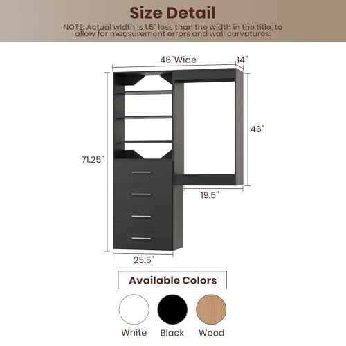ROOMTEC Modular Closet System, 46" Wall-Mounted Closet Organizer with Drawers and Hanging Rods, Wooden Tower for Walk-In Closets, Wardrobe Storage Kit, Black - size: 46" Wide, style: Model 4