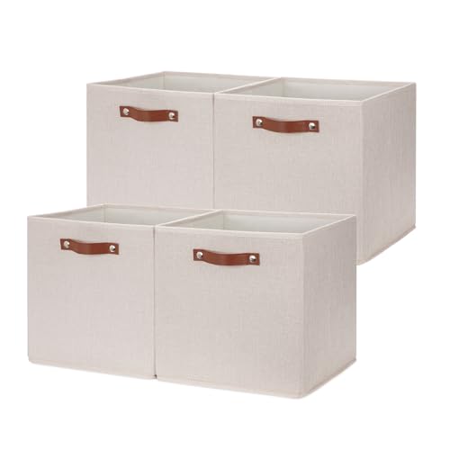 HNZIGE Foldable Storage Cubes Bins for Organizing, Set of 4, Fabric Cube Canvas Storage Bins 11 x11, Collapsible Bins for Organization with Handles for Shelf Nursery(Cream) - color: beige, size: 11"x11"x11"-4pack