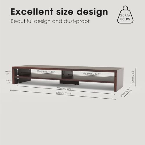 Fenge Monitor Stand, 31.5 Inch Computer Monitor Riser for Desk, 2 Tiers Wood Desk Shelf with Storage, Desktop Organizer for PC, Laptop, Screen, Printer - color: Brown