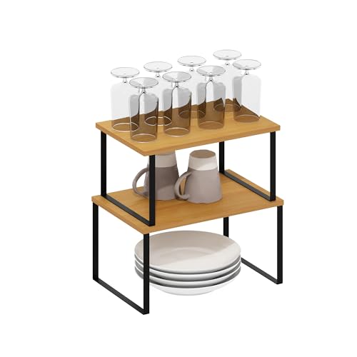 Furinno RAVEL Kitchen Countertop Organizer Set of 2, Counter Shelves, Kitchen Storage, Expandable, Stackable, Spice Rack, for Kitchen, Pantry, Coffee Bar, Beech - color: Beech/Black, size: 2-Pack, Nesting