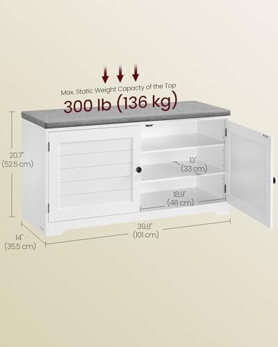 VASAGLE Shoe Storage Bench with Cushion, 3-Tier Entryway Bench with Padded Seat, Doors, Adjustable Shelves, 14 x 39.8 x 20.7 Inches, for Hallway, Bedroom, Cloud White and Dove Gray ULSB044W01 - color: Cloud White + Dove Gray, size: 14"D x 39.8"W x 20.7"H