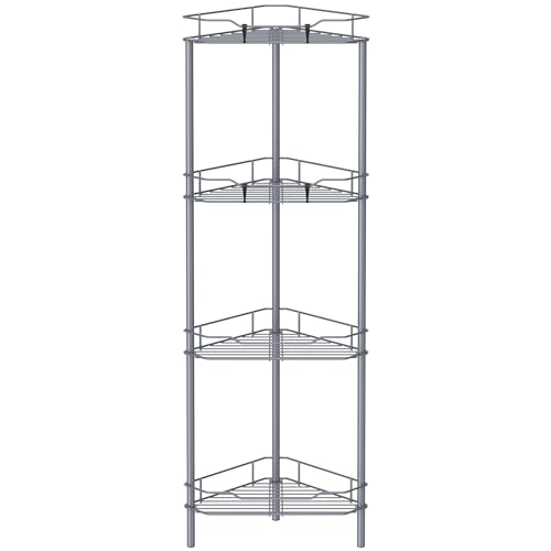 HuggieGems 4 Tier Floor Standing Corner Shower Caddy Organizer Shelf with Hooks, Bathroom Shelves Stand Rack, Dark Gray - color: Dark Gray, size: 4 Tier