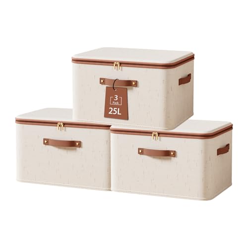 Tuza 3 Pcs Rigid Storage Bins with Zipper Lid, Cotton Linen Fabric Storage Boxes, Foldable Shelves Clothes Storage Cubes with Handles for Wardrobe, Closet(Beige, 25L) - size: L-25L