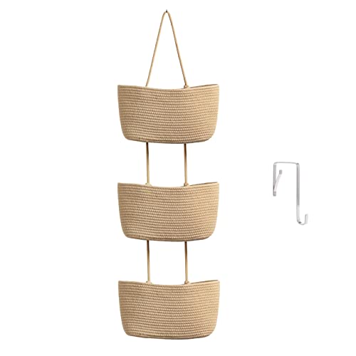 TeoKJ Over the Door Hanging Basket, 3-Tier Woven Cotton Wall-Mounted Storage Organizer Bag Decorative Hanging Nursery Baskets, Jute - color: Jute