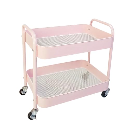 2 Tier Pink Rolling Cart with Wheels for Under Desk Storage, Large Capacity Rolling Pantry & Kitchen Storage Cart for Small Space, Sturdy Metal Bathroom Shelf Laundry Room Organization - color: Pink