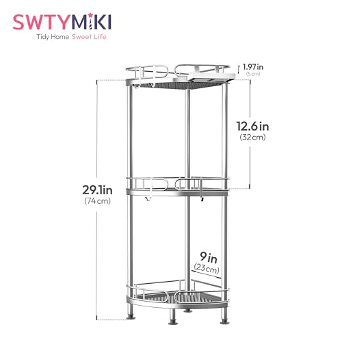 SWTYMIKI Corner Shower Caddy Standing - 3 Tier Rustproof Metal Shower Organizer Stand with Soap Holder and 4 Hooks, Freestanding Floor Shower Storage Stands for Bathroom, Silver - color: Silver-3 tier